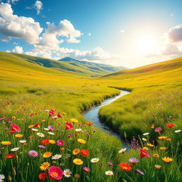 A breathtaking view of the most beautiful meadow, filled with colorful wildflowers swaying gently in the breeze