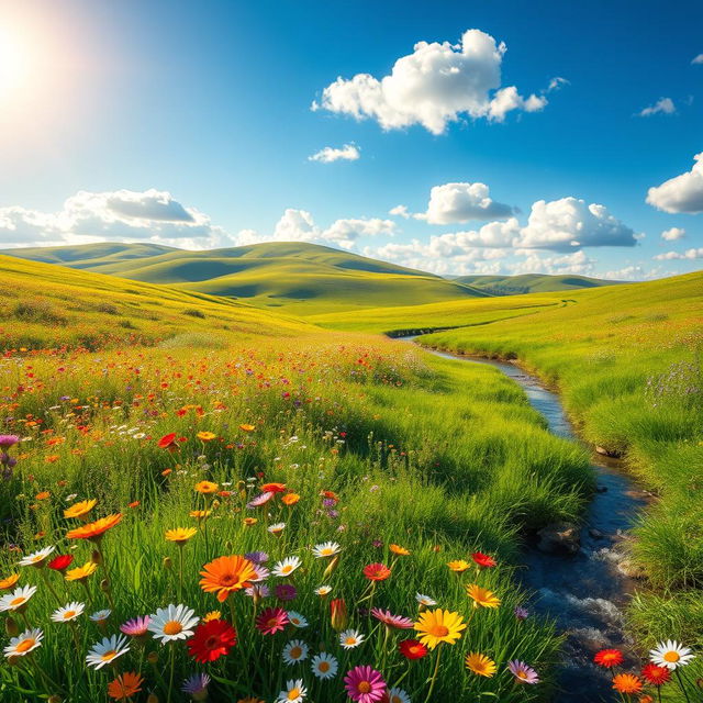 A breathtaking view of the most beautiful meadow, filled with colorful wildflowers swaying gently in the breeze