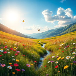 A breathtaking view of the most beautiful meadow, filled with colorful wildflowers swaying gently in the breeze