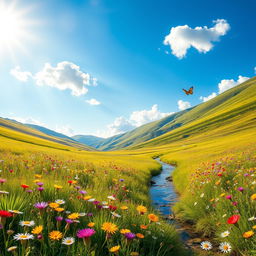 A breathtaking view of the most beautiful meadow, filled with colorful wildflowers swaying gently in the breeze