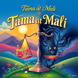 A visually striking poster that captures the theme of 'Tama at Mali, Kabutihan at Kasamaan' (Right and Wrong, Goodness and Evil)