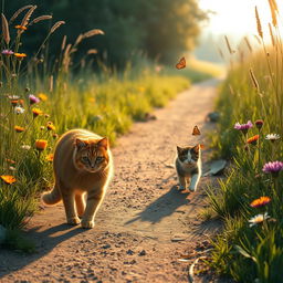 A peaceful scene depicting a dirt road surrounded by tall grass and vibrant wildflowers, illuminated by soft morning light