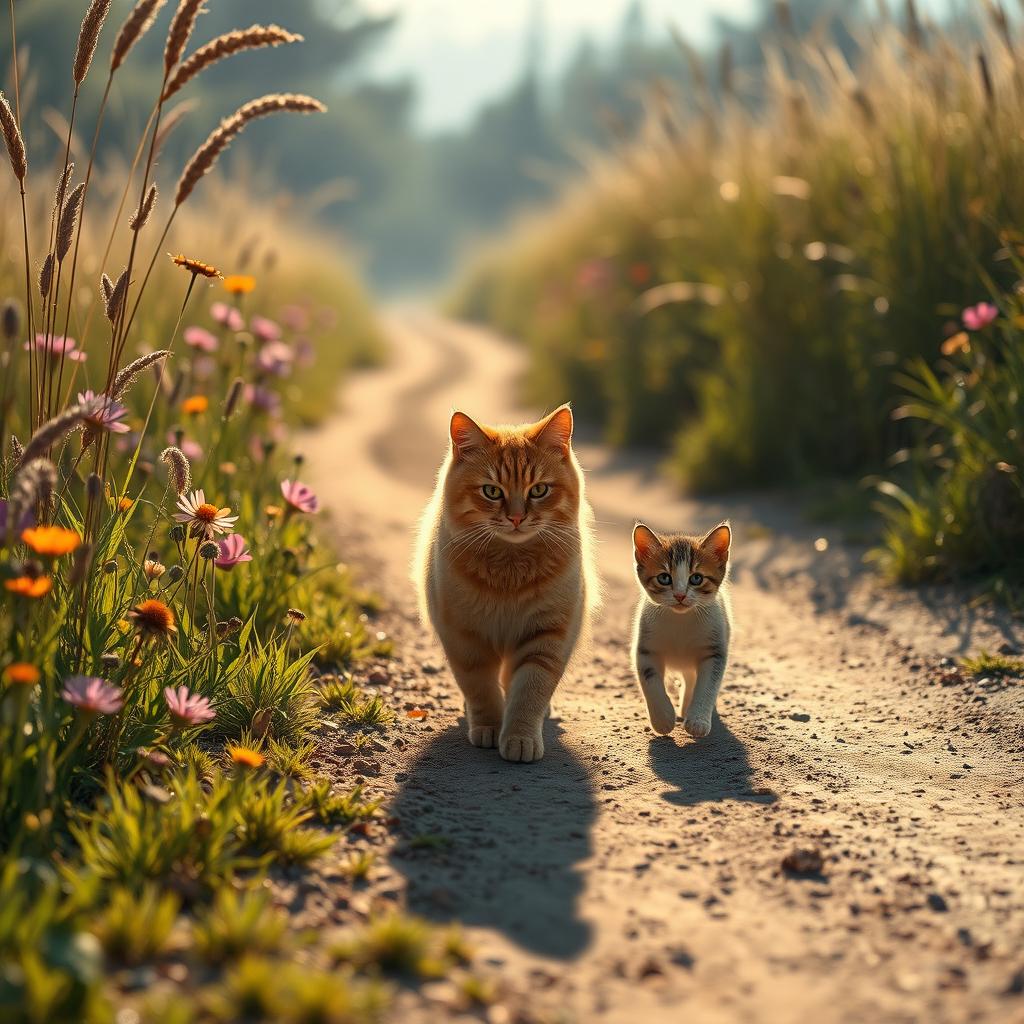 A peaceful scene depicting a dirt road surrounded by tall grass and vibrant wildflowers, illuminated by soft morning light