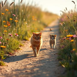 A peaceful scene depicting a dirt road surrounded by tall grass and vibrant wildflowers, illuminated by soft morning light