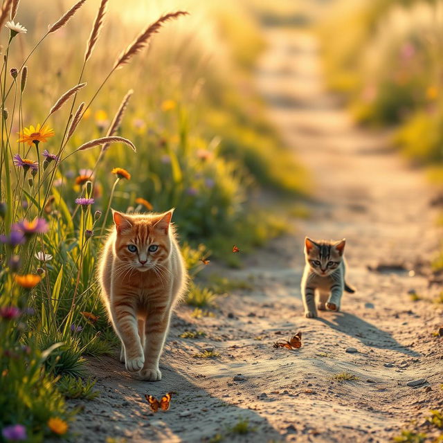 A peaceful scene depicting a dirt road surrounded by tall grass and vibrant wildflowers, illuminated by soft morning light