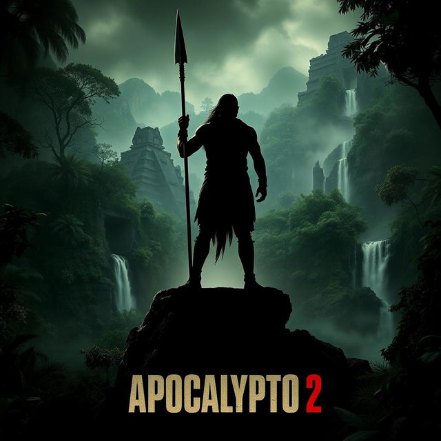 A dramatic teaser poster for a fictional movie titled 'APOCALYPTO 2', set in a lush, dense jungle environment filled with ancient ruins