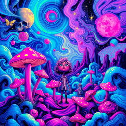 An artistic representation of a surreal world inspired by the concept of drugs and their effects on the mind