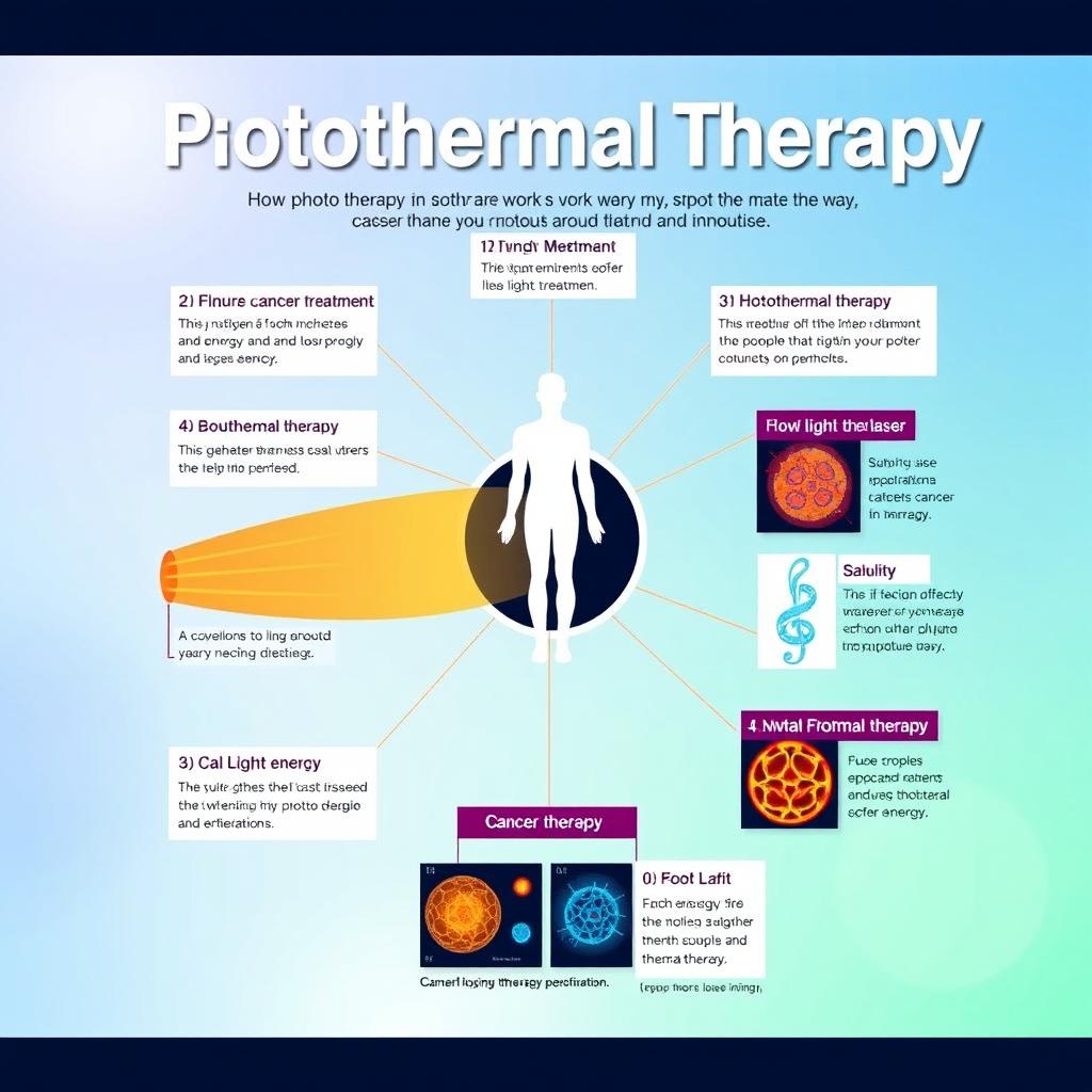 An educational infographic about photothermal therapy, visually explaining the concept in a clear and engaging manner