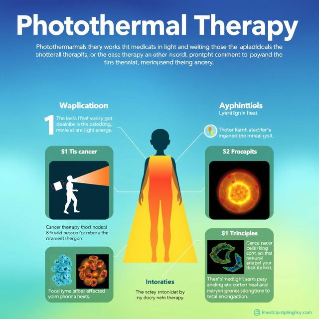 An educational infographic about photothermal therapy, visually explaining the concept in a clear and engaging manner