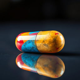 A realistic, detailed depiction of a colorful pill on a reflective surface