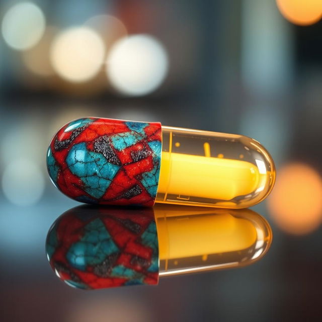 A realistic, detailed depiction of a colorful pill on a reflective surface