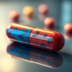 A realistic, detailed depiction of a colorful pill on a reflective surface