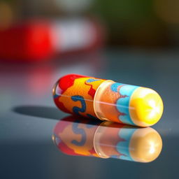 A realistic, detailed depiction of a colorful pill on a reflective surface