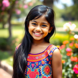 A beautiful Indian girl with long black hair, laughing joyfully