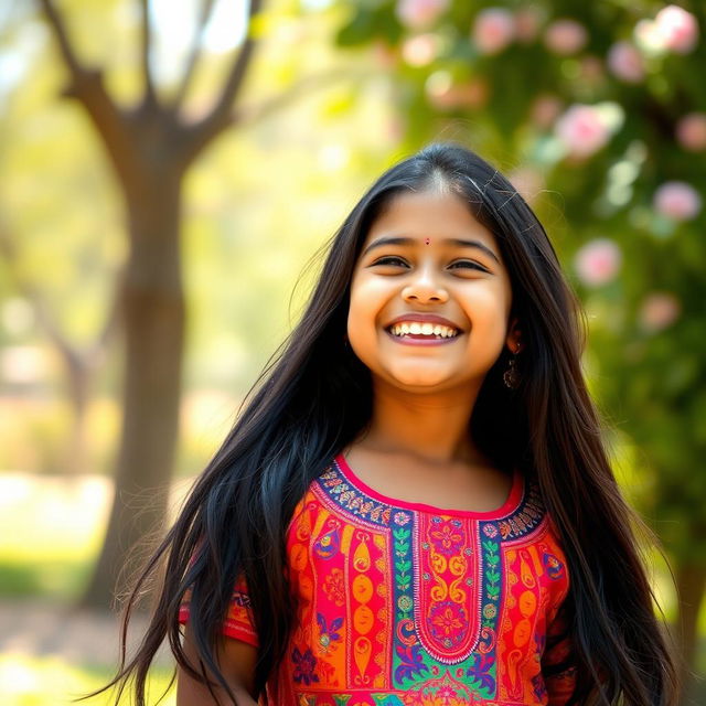 A beautiful Indian girl with long black hair, laughing joyfully