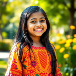 A beautiful Indian girl with long black hair, laughing joyfully