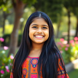 A beautiful Indian girl with long black hair, laughing joyfully