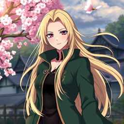 A majestic portrait of Tsunade Senju from the anime Naruto, with long blonde hair flowing elegantly, wearing her signature green jacket and a black outfit