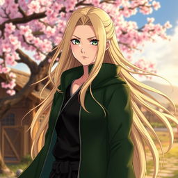 A majestic portrait of Tsunade Senju from the anime Naruto, with long blonde hair flowing elegantly, wearing her signature green jacket and a black outfit