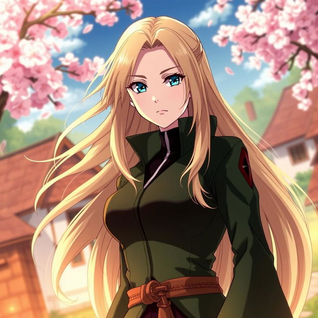 A majestic portrait of Tsunade Senju from the anime Naruto, with long blonde hair flowing elegantly, wearing her signature green jacket and a black outfit