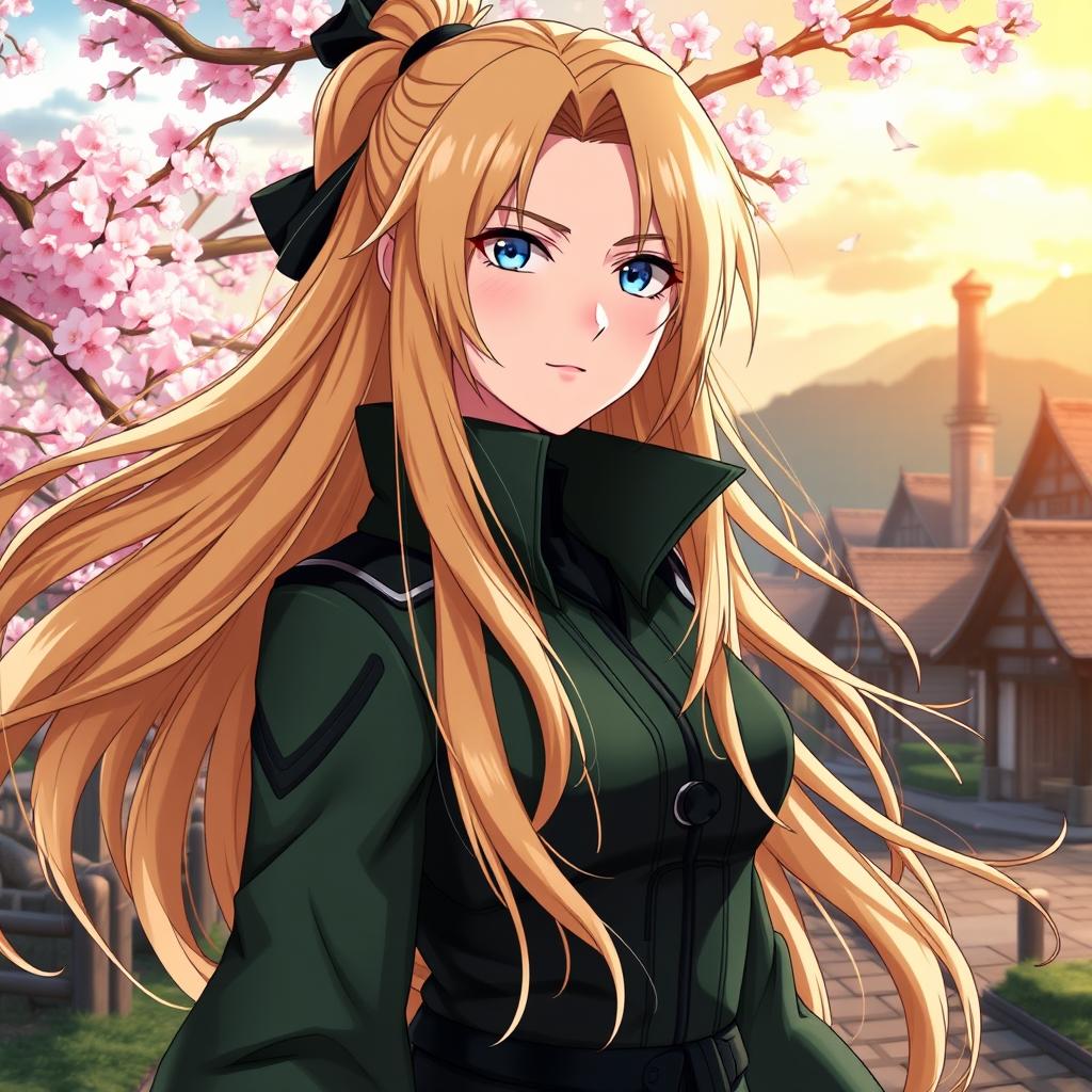 A majestic portrait of Tsunade Senju from the anime Naruto, with long blonde hair flowing elegantly, wearing her signature green jacket and a black outfit