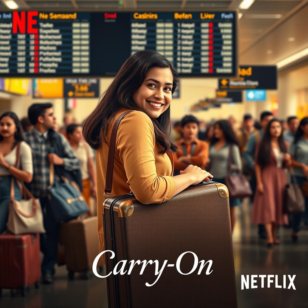 An official teaser poster for a fictional Netflix series titled 'Carry-On' set in 2024, featuring a diverse group of travelers at an airport, showcasing excitement and adventure