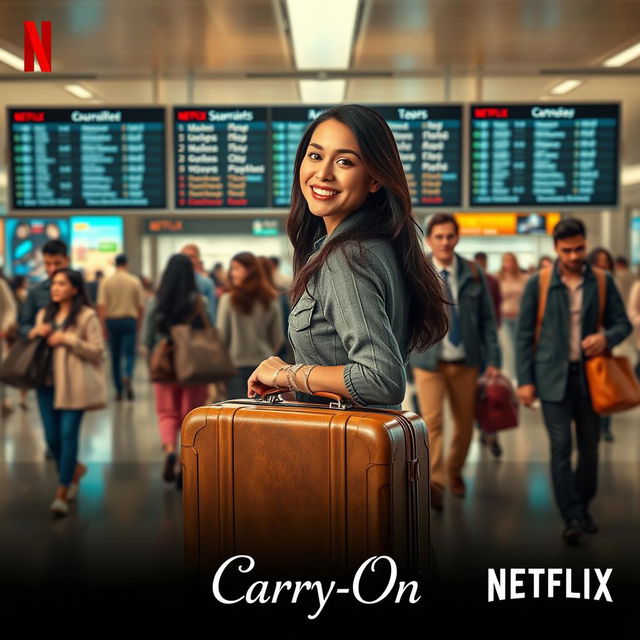 An official teaser poster for a fictional Netflix series titled 'Carry-On' set in 2024, featuring a diverse group of travelers at an airport, showcasing excitement and adventure