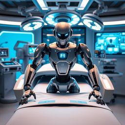 A futuristic robot positioned on a high-tech surgical bed, surrounded by advanced medical equipment and glowing screens