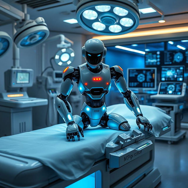 A futuristic robot positioned on a high-tech surgical bed, surrounded by advanced medical equipment and glowing screens