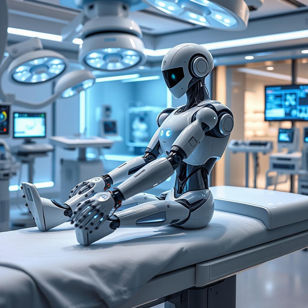 A futuristic robot positioned on a high-tech surgical bed, surrounded by advanced medical equipment and glowing screens