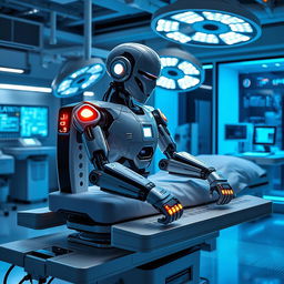 A futuristic robot positioned on a high-tech surgical bed, surrounded by advanced medical equipment and glowing screens