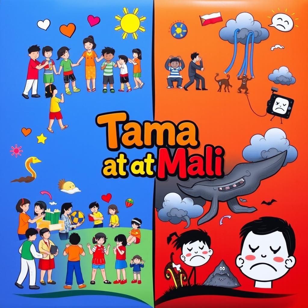 A vibrant and engaging poster illustrating the concepts of 'mabuti' (good) and 'masama' (bad) in relation to moral choices