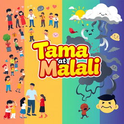 A vibrant and engaging poster illustrating the concepts of 'mabuti' (good) and 'masama' (bad) in relation to moral choices