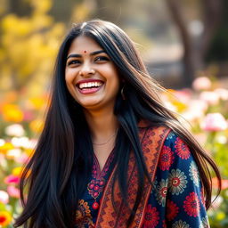 A beautiful 22-year-old Indian girl with long black hair, laughing heartily