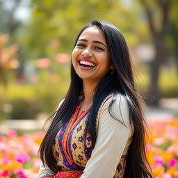 A beautiful 22-year-old Indian girl with long black hair, laughing heartily