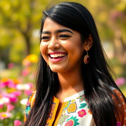 A beautiful 22-year-old Indian girl with long black hair, laughing heartily