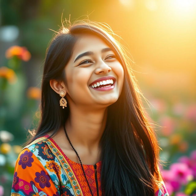 A beautiful 22-year-old Indian girl with long black hair, laughing heartily