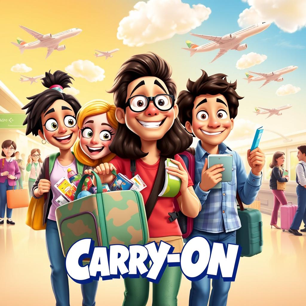 A vibrant poster for the 2024 movie "Carry-On", featuring a group of diverse friends embarking on a whimsical adventure