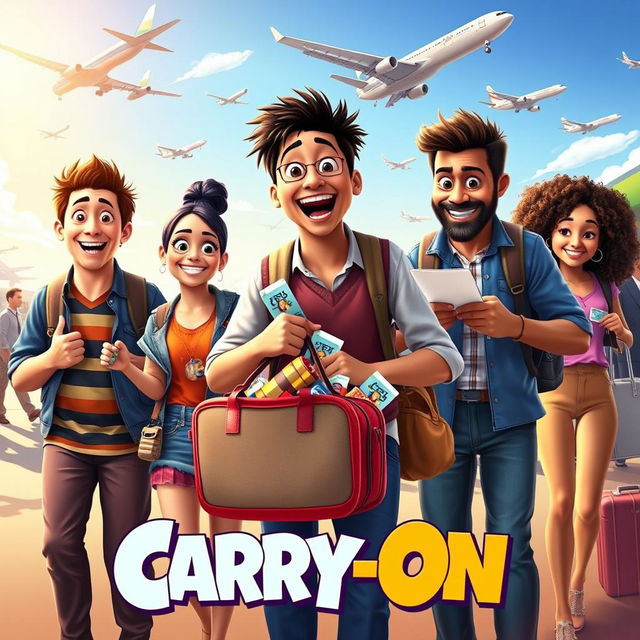 A vibrant poster for the 2024 movie "Carry-On", featuring a group of diverse friends embarking on a whimsical adventure