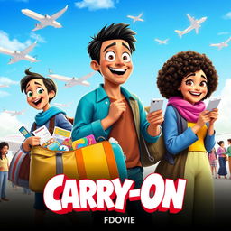 A vibrant poster for the 2024 movie "Carry-On", featuring a group of diverse friends embarking on a whimsical adventure