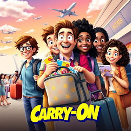 A vibrant poster for the 2024 movie "Carry-On", featuring a group of diverse friends embarking on a whimsical adventure