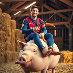 Lionel Messi sitting on top of a large, calm pig in a rustic barn setting