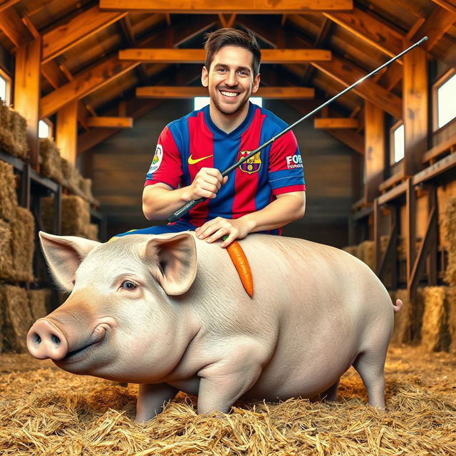 Lionel Messi sitting on top of a large, calm pig in a rustic barn setting