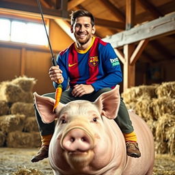Lionel Messi sitting on top of a large, calm pig in a rustic barn setting