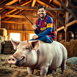 Lionel Messi sitting on top of a large, calm pig in a rustic barn setting