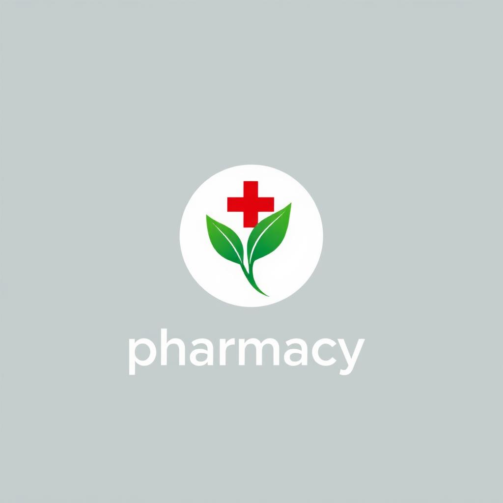 A modern and professional pharmacy logo design featuring a stylized red cross symbol combined with a green leaf to represent health and nature