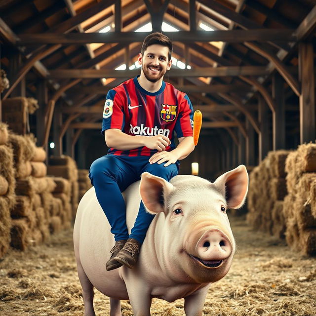 Lionel Messi sitting confidently on a large, calm pig in a rustic barn setting