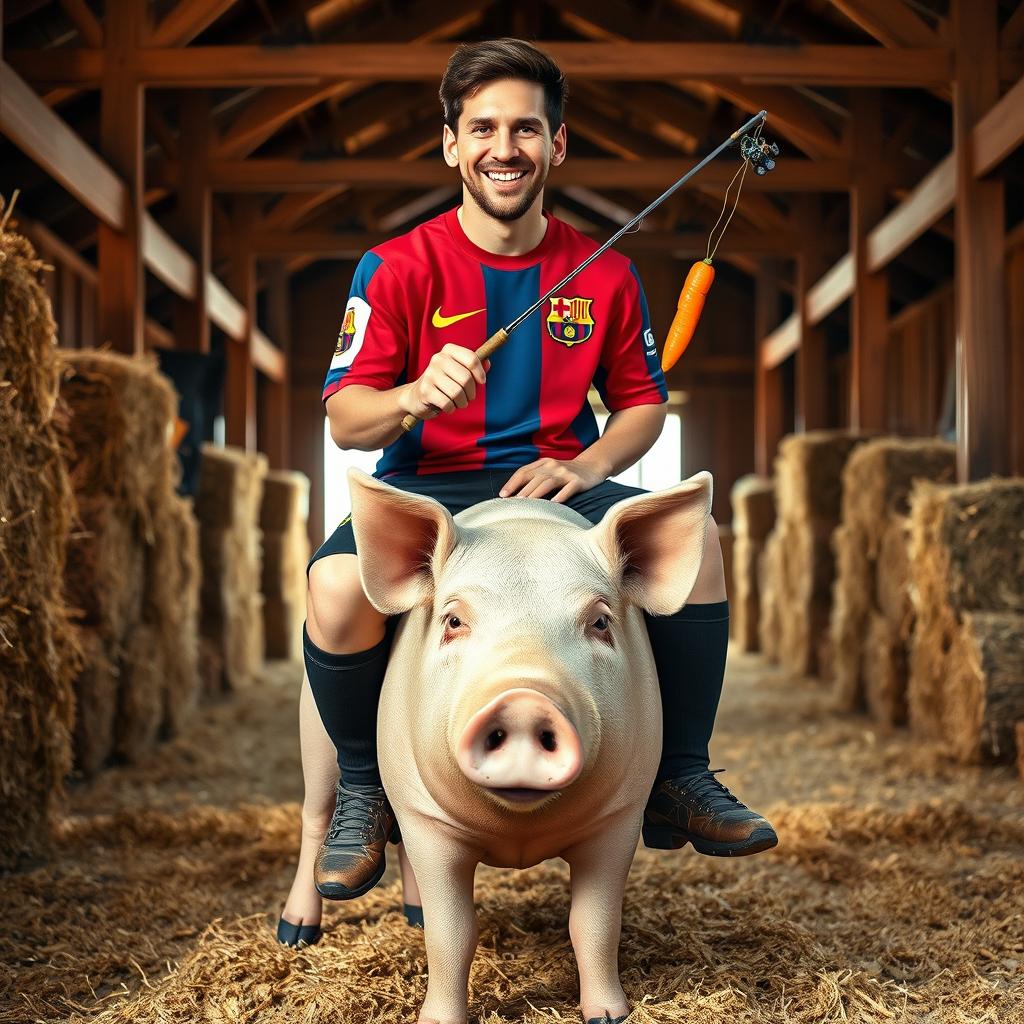 Lionel Messi sitting confidently on a large, calm pig in a rustic barn setting