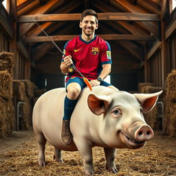 Lionel Messi sitting confidently on a large, calm pig in a rustic barn setting