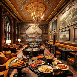 An expansive cafe in Iran inspired by the vibrant atmosphere of Istanbul, featuring stunning decorations and walls rich with Turkish cultural elements
